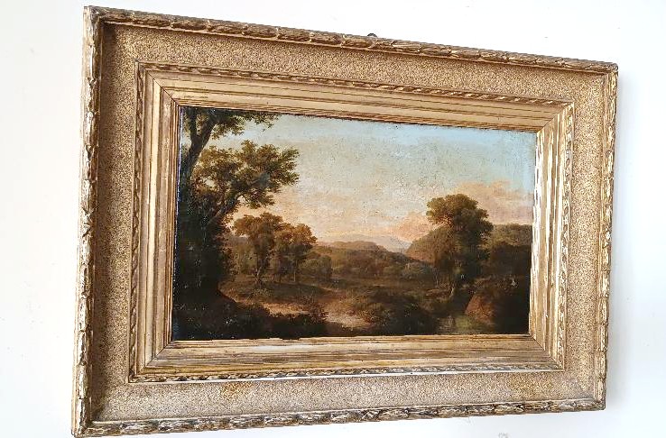 Ancient Painting On Canvas Depicting A Bucolic Landscape-photo-2