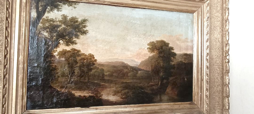 Ancient Painting On Canvas Depicting A Bucolic Landscape-photo-7