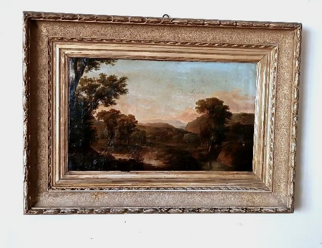 Ancient Painting On Canvas Depicting A Bucolic Landscape