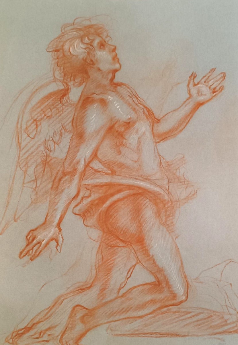 vieux dessin au crayon sanguin sur papier, mythologique, ange-photo-3