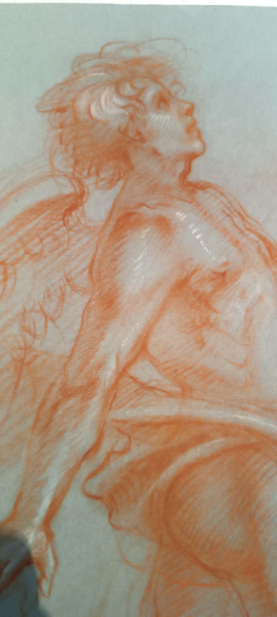 vieux dessin au crayon sanguin sur papier, mythologique, ange-photo-4