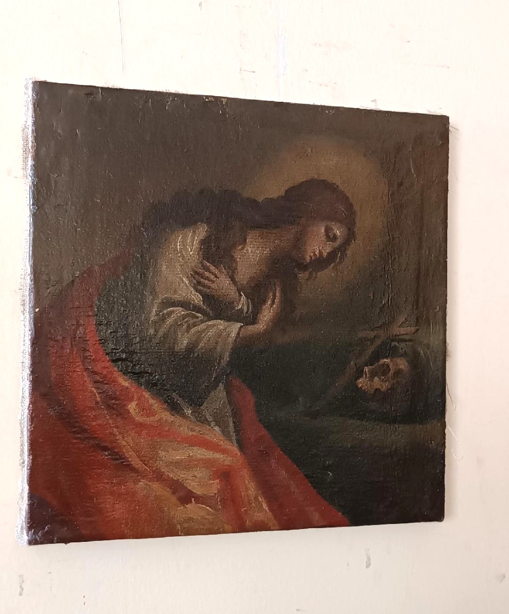 Huile sur toile ancienne représentant Madeleine, école italienne du XVIIIe siècle