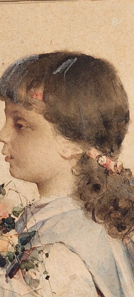 Aquarelle sur papier, portrait d'une jeune fille signé Alessandro Rontini Florence (1854-1933),-photo-2
