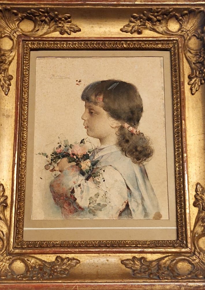 Aquarelle sur papier, portrait d'une jeune fille signé Alessandro Rontini Florence (1854-1933),-photo-4