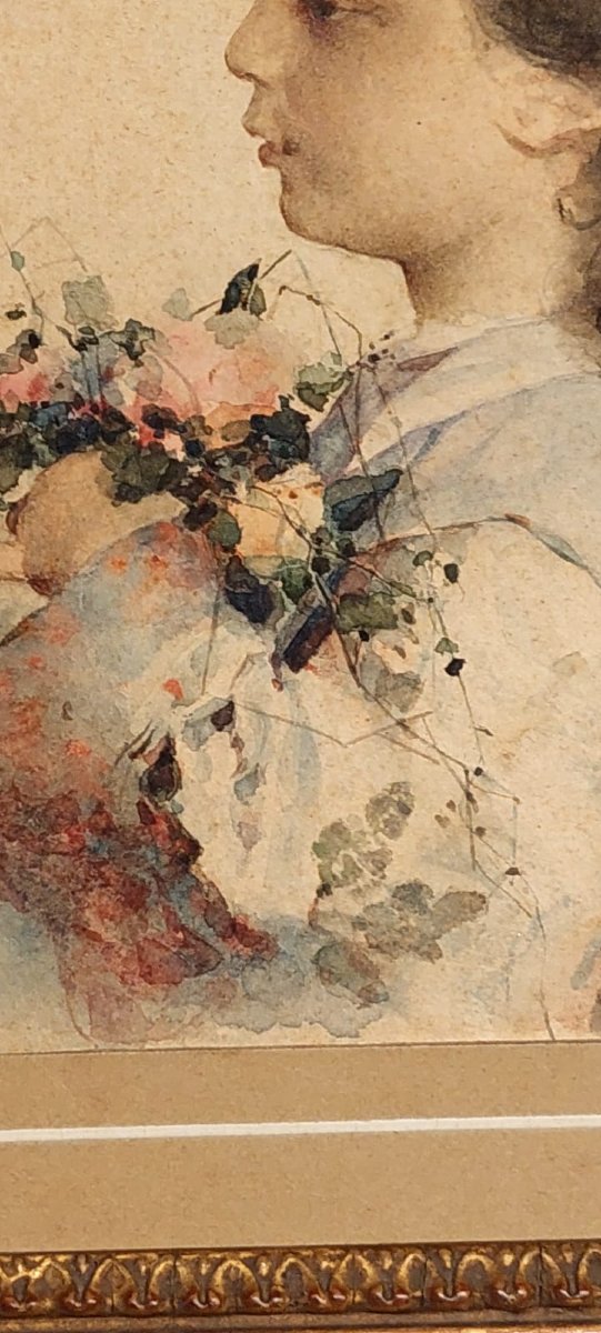 Aquarelle sur papier, portrait d'une jeune fille signé Alessandro Rontini Florence (1854-1933),-photo-5