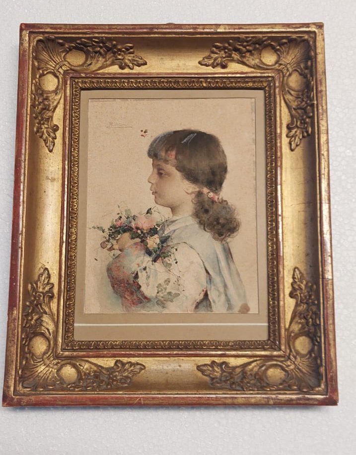 Aquarelle sur papier, portrait d'une jeune fille signé Alessandro Rontini Florence (1854-1933),-photo-6