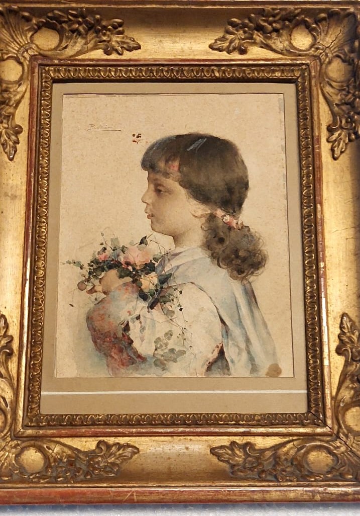 Aquarelle sur papier, portrait d'une jeune fille signé Alessandro Rontini Florence (1854-1933),-photo-7
