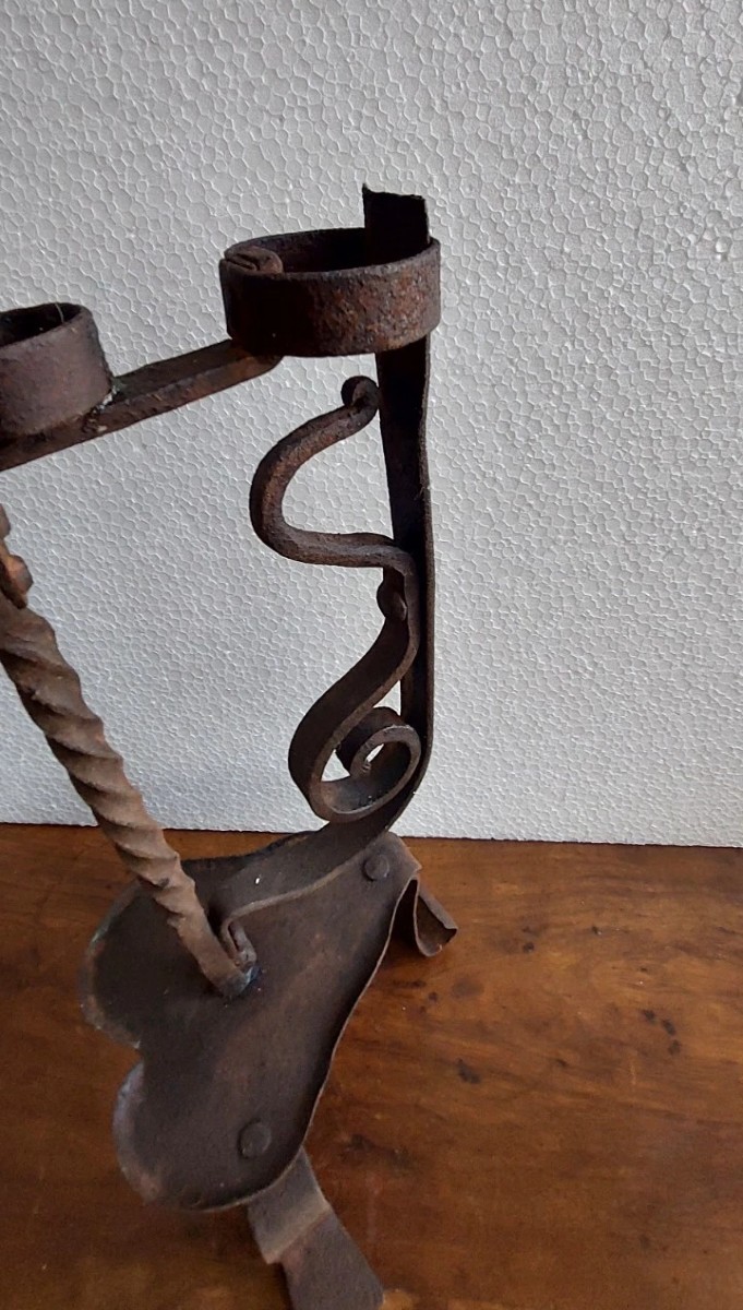 Antique Candlestick In Wrought And Forged Iron, 18th Century-photo-3