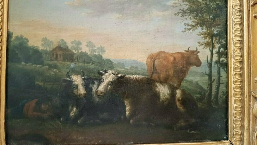 Couple ancien peint sur bois, paysage bucolique-photo-2