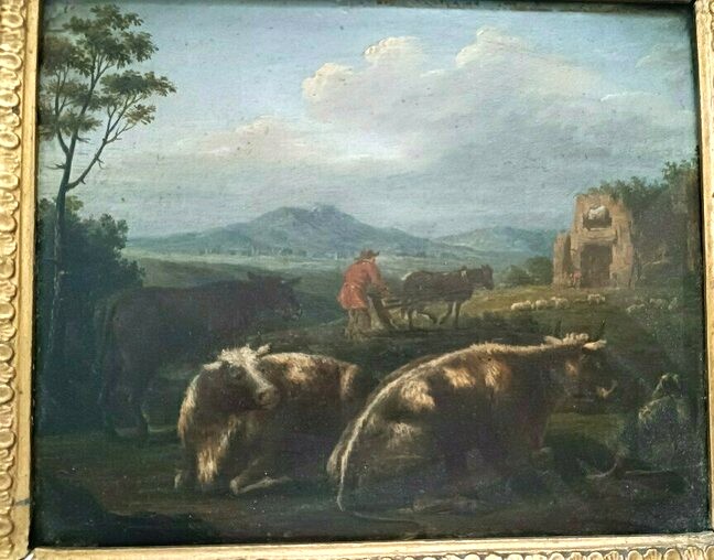 Couple ancien peint sur bois, paysage bucolique-photo-5