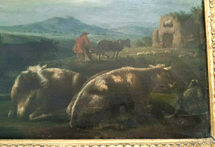 Couple ancien peint sur bois, paysage bucolique-photo-6