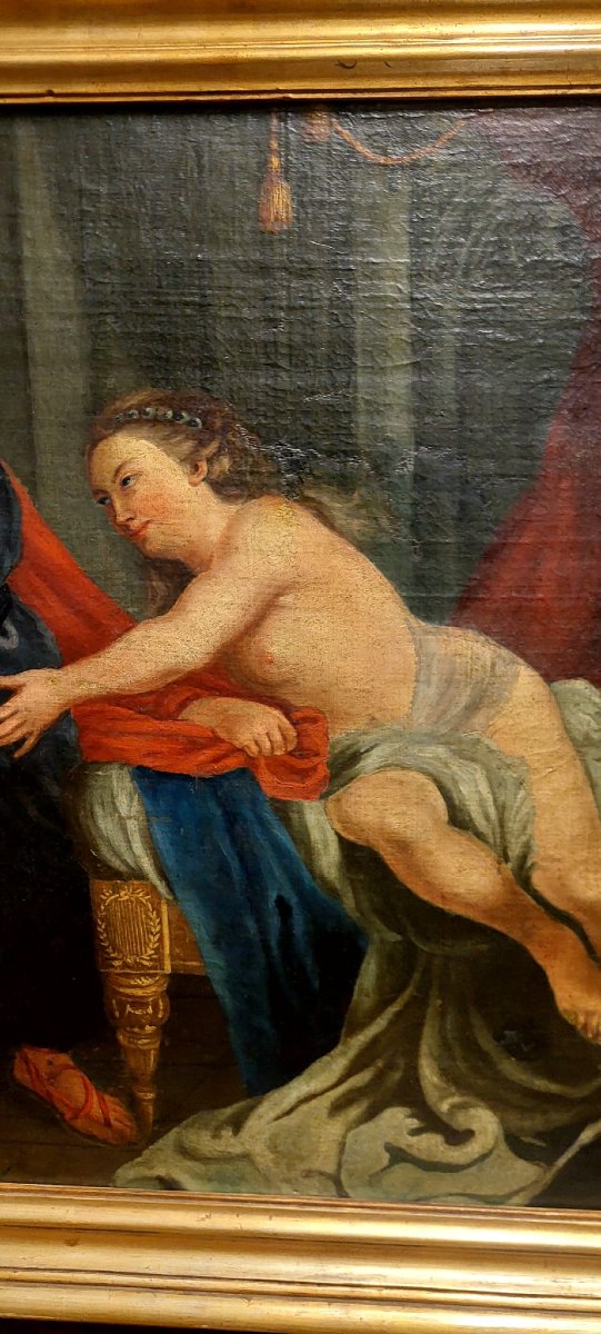 PEINTURE À L'HUILE SUR TOILE SCÈNE BIBLIQUE LA FEMME DE JOSEPH ET PUTIFARRE FIN XVIIIÈME SIÈCLE-photo-4