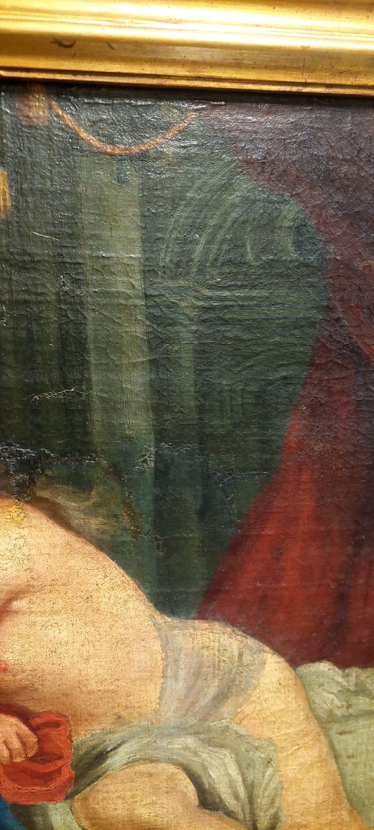 PEINTURE À L'HUILE SUR TOILE SCÈNE BIBLIQUE LA FEMME DE JOSEPH ET PUTIFARRE FIN XVIIIÈME SIÈCLE-photo-2