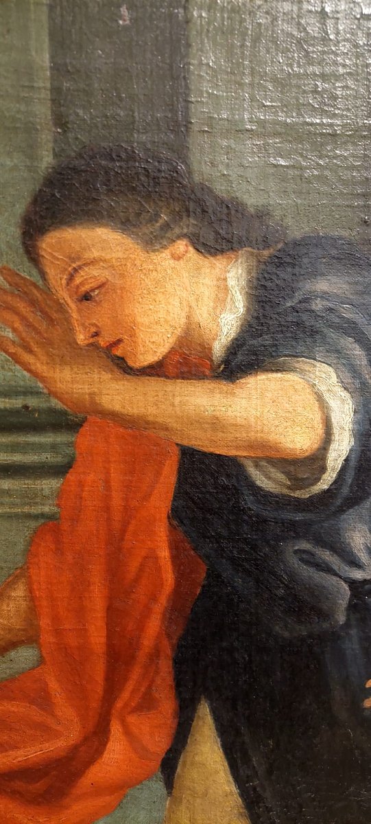PEINTURE À L'HUILE SUR TOILE SCÈNE BIBLIQUE LA FEMME DE JOSEPH ET PUTIFARRE FIN XVIIIÈME SIÈCLE-photo-6