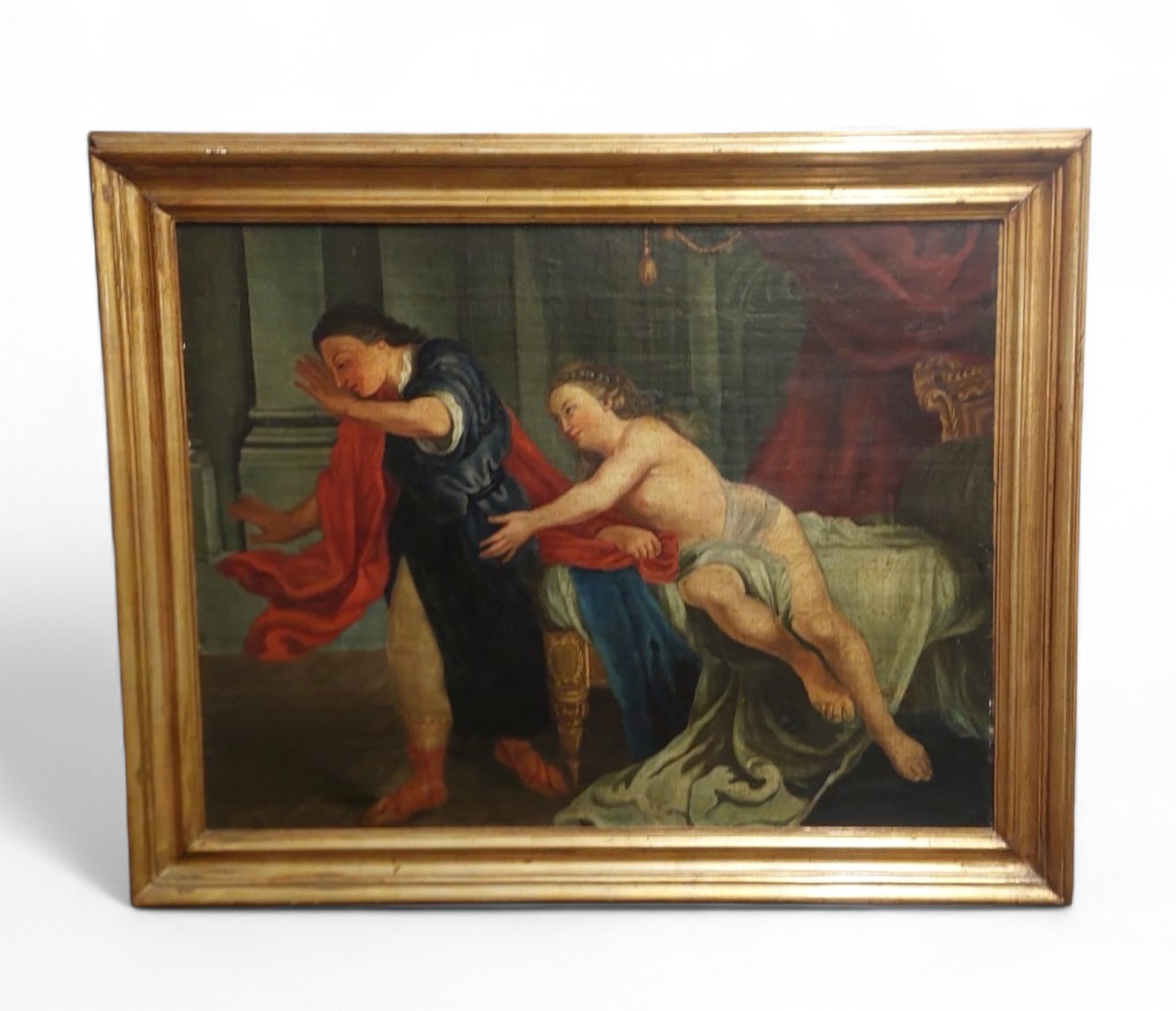 PEINTURE À L'HUILE SUR TOILE SCÈNE BIBLIQUE LA FEMME DE JOSEPH ET PUTIFARRE FIN XVIIIÈME SIÈCLE