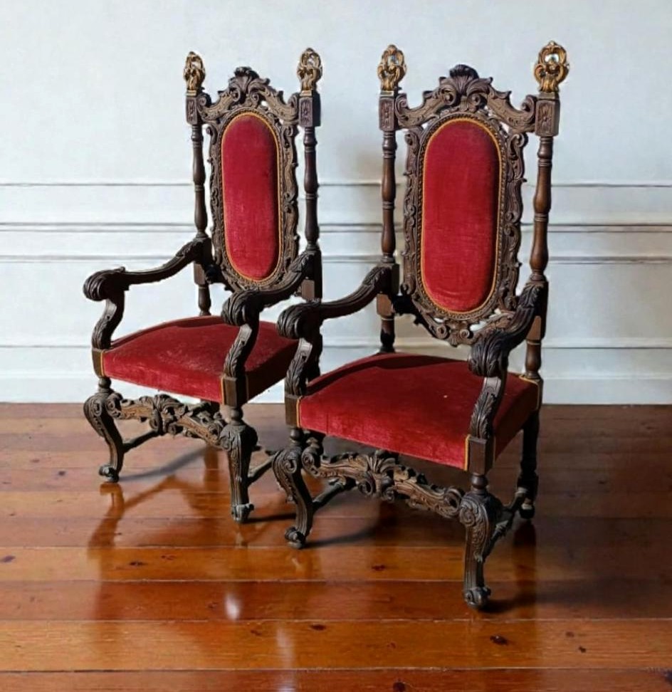 Pair Of Antique Armchairs, Carved In Walnut-photo-2