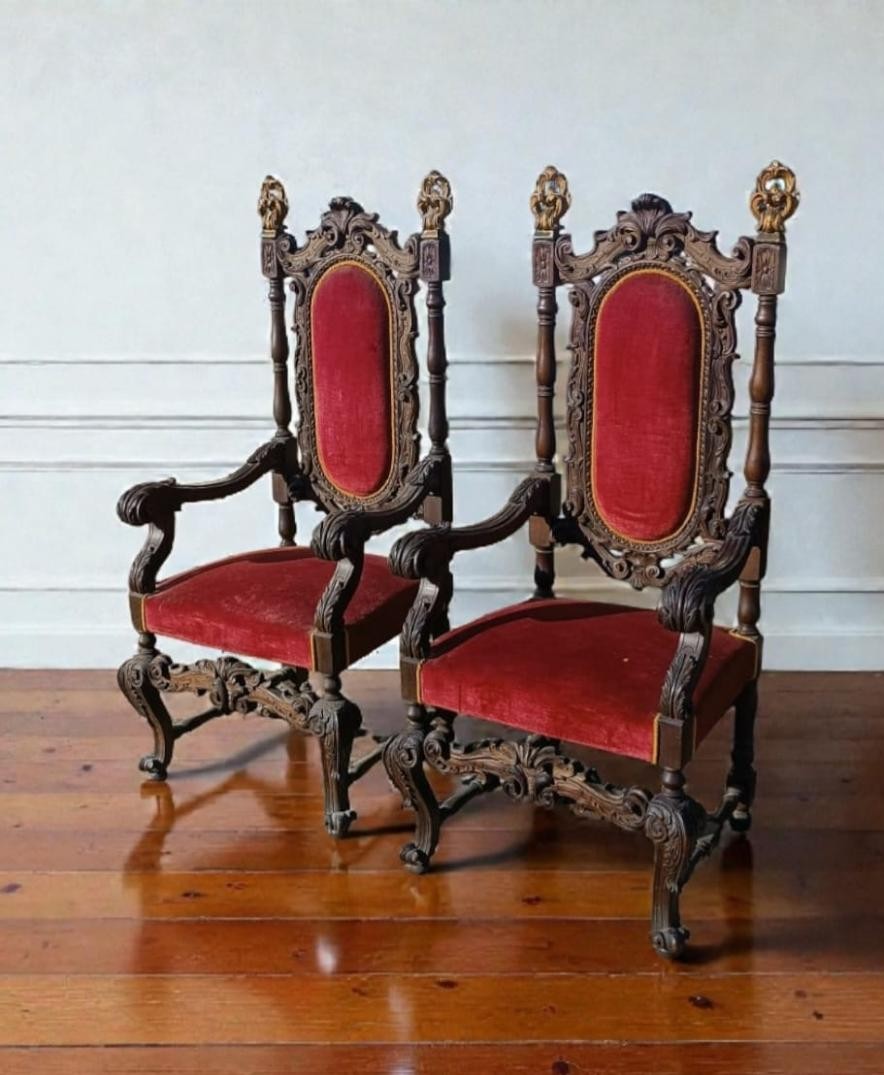 Pair Of Antique Armchairs, Carved In Walnut-photo-4