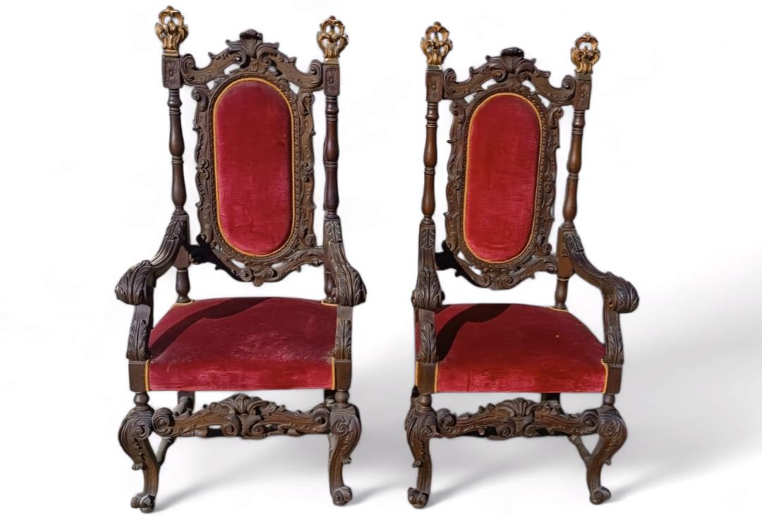 Pair Of Antique Armchairs, Carved In Walnut