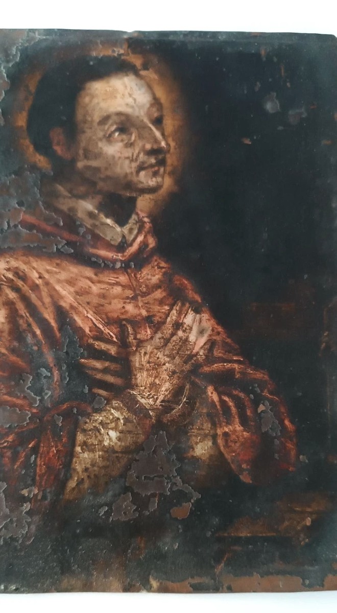 Ancient Painting On Copper - 17th/18th Century - San Carlo Borromeo 25 X 20 Cm-photo-1