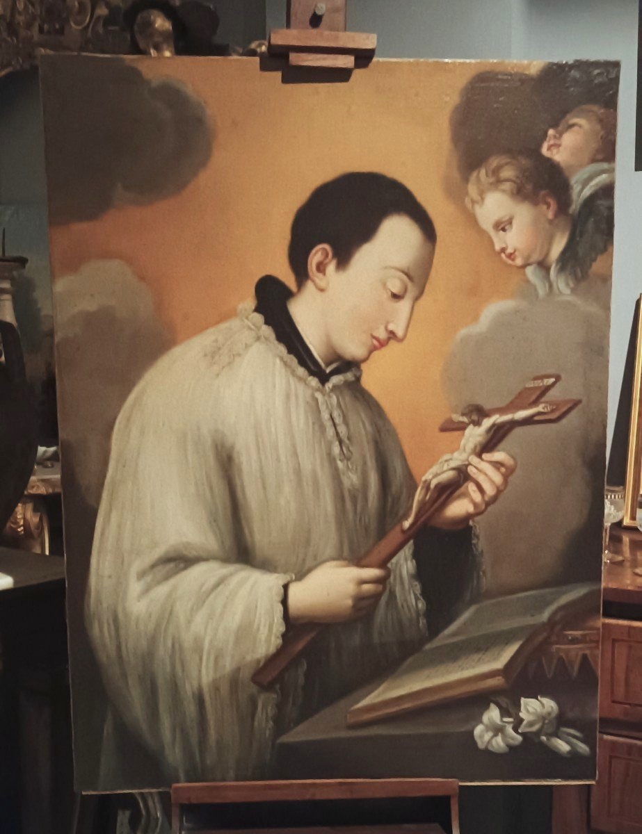Peinture à l'Huile Ancienne Sur Toile école Toscane San Luigi Gonzaga