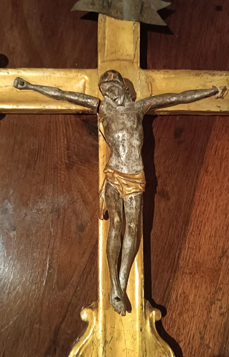 Antique Large Gilded Wooden Crucifix With Christ, 18th Century, Italy-photo-4