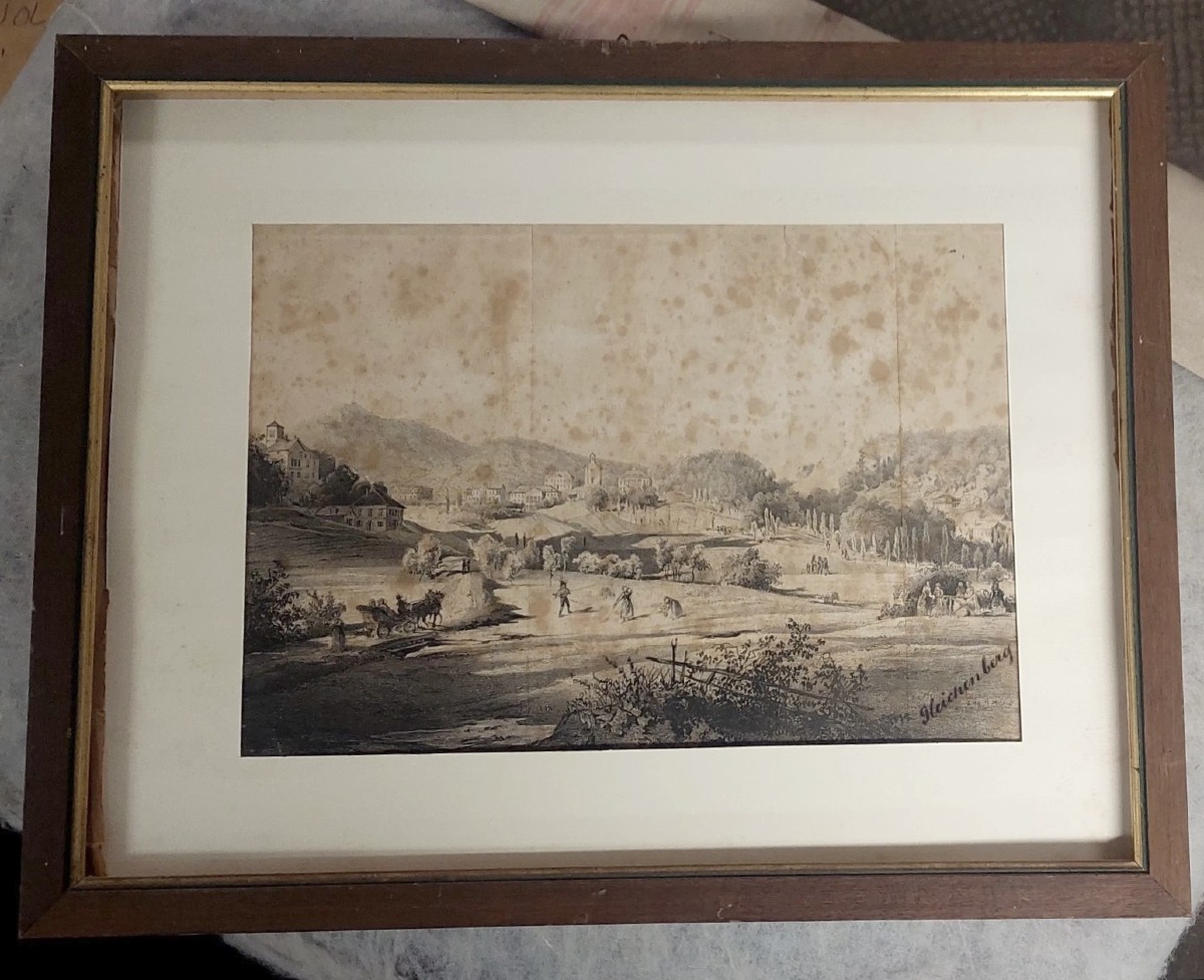 China Drawing On Paper With Characters Gleichenberg Austria 19th Century Antique