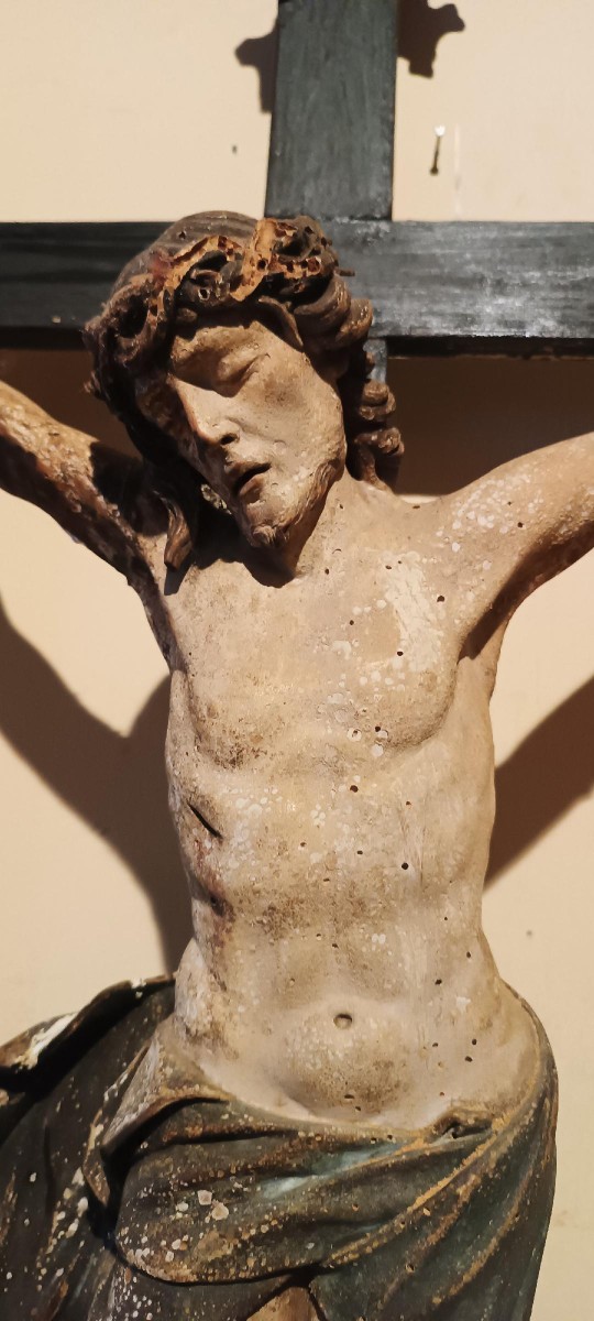 Ancient Large Polychrome Wooden Christ, Late 17th Century --photo-4