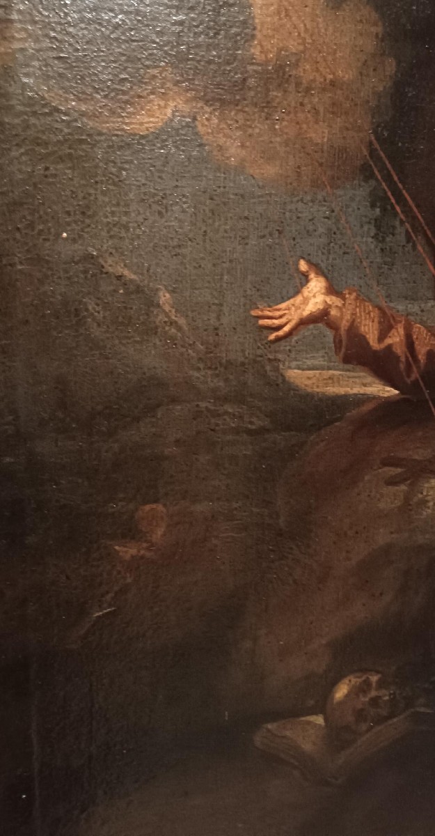 Peinture à l'huile ancienne sur toile représentant saint François en extase-photo-8