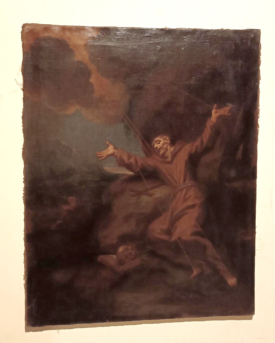 Peinture à l'huile ancienne sur toile représentant saint François en extase