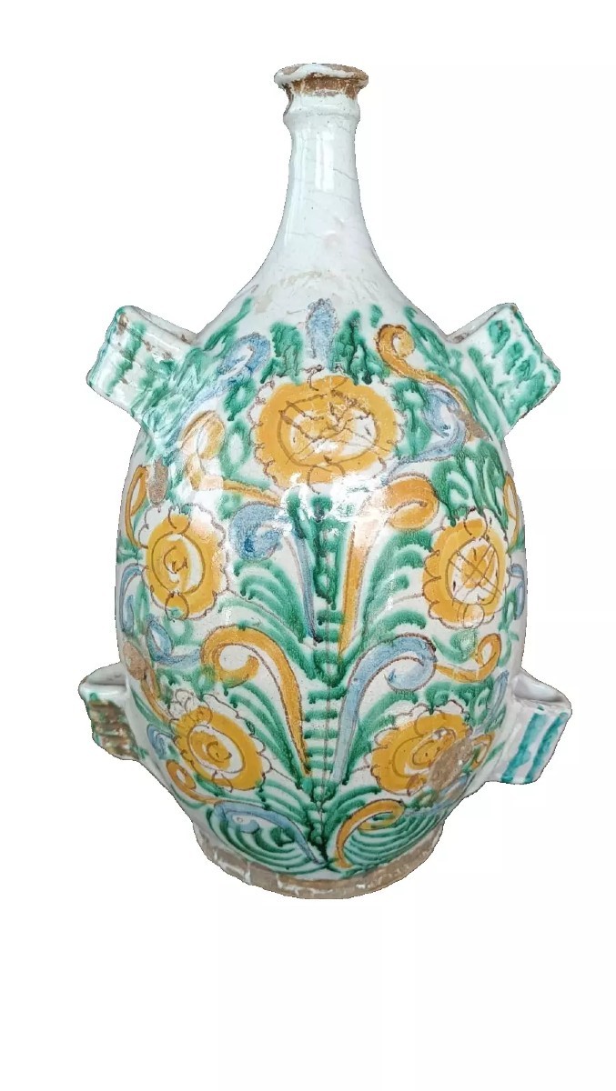 FLACON EN MAJOLICA ANCIENNE, XVIIe SIÈCLE, ITALIE DU SUD