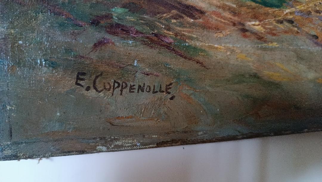 Oil Painting On Canvas Edmond Van Coppenolle (1846-1914) Landscape With Chickens-photo-3