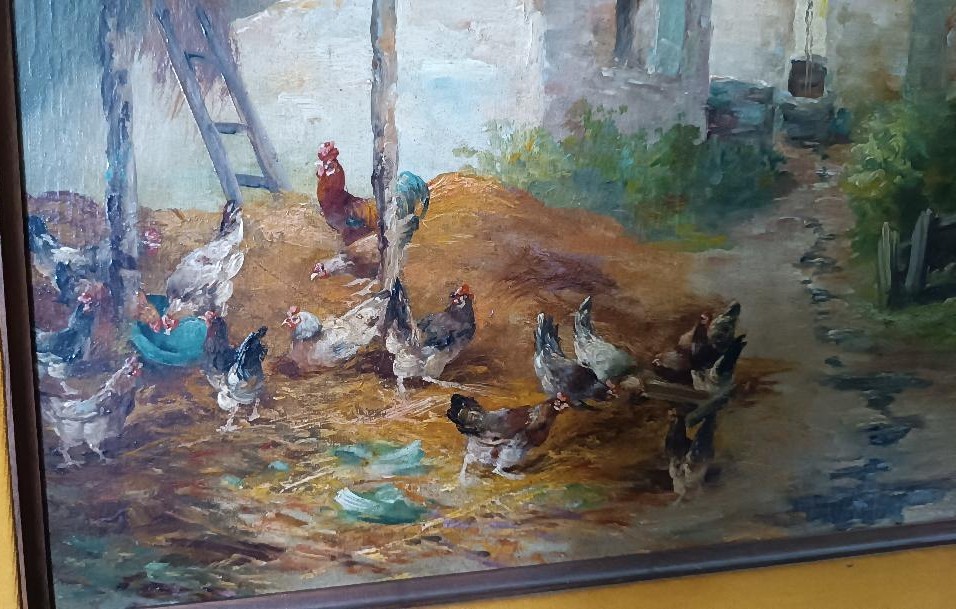 Oil Painting On Canvas Edmond Van Coppenolle (1846-1914) Landscape With Chickens-photo-2