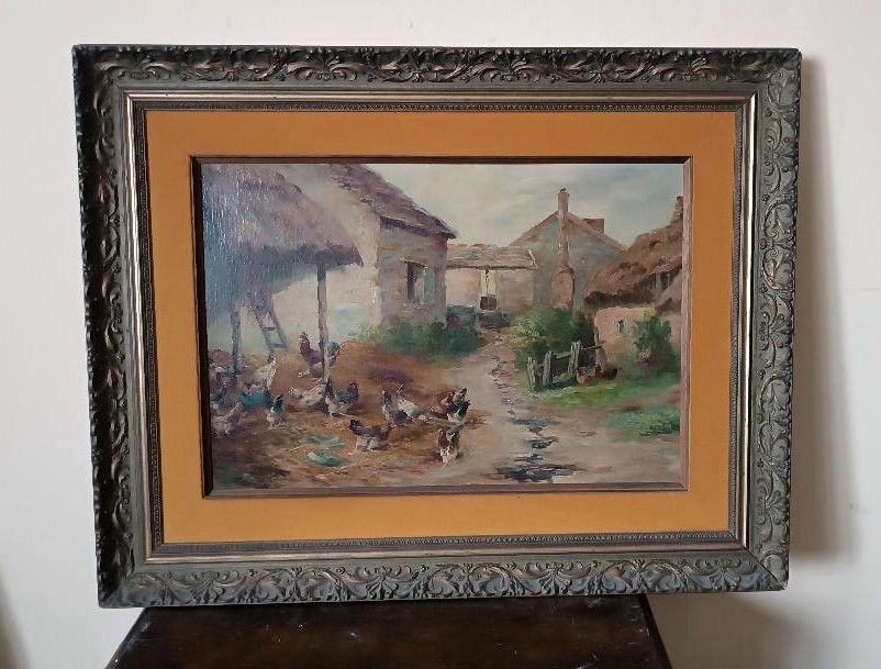 Oil Painting On Canvas Edmond Van Coppenolle (1846-1914) Landscape With Chickens