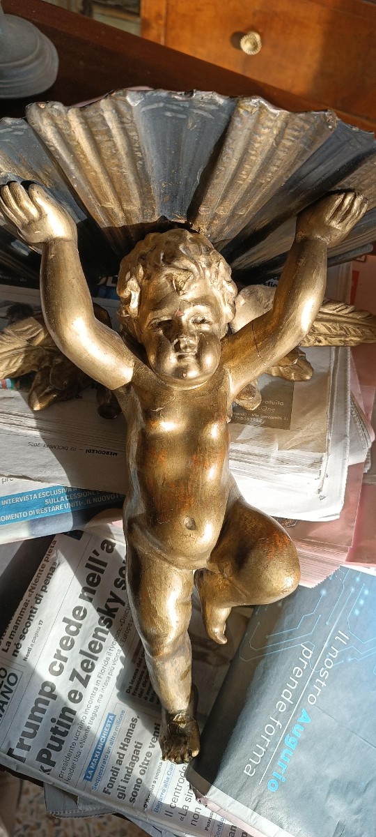 Antique Angel Shelf In Gilded Wood, Late 18th Century, Italian Manufacture-photo-2