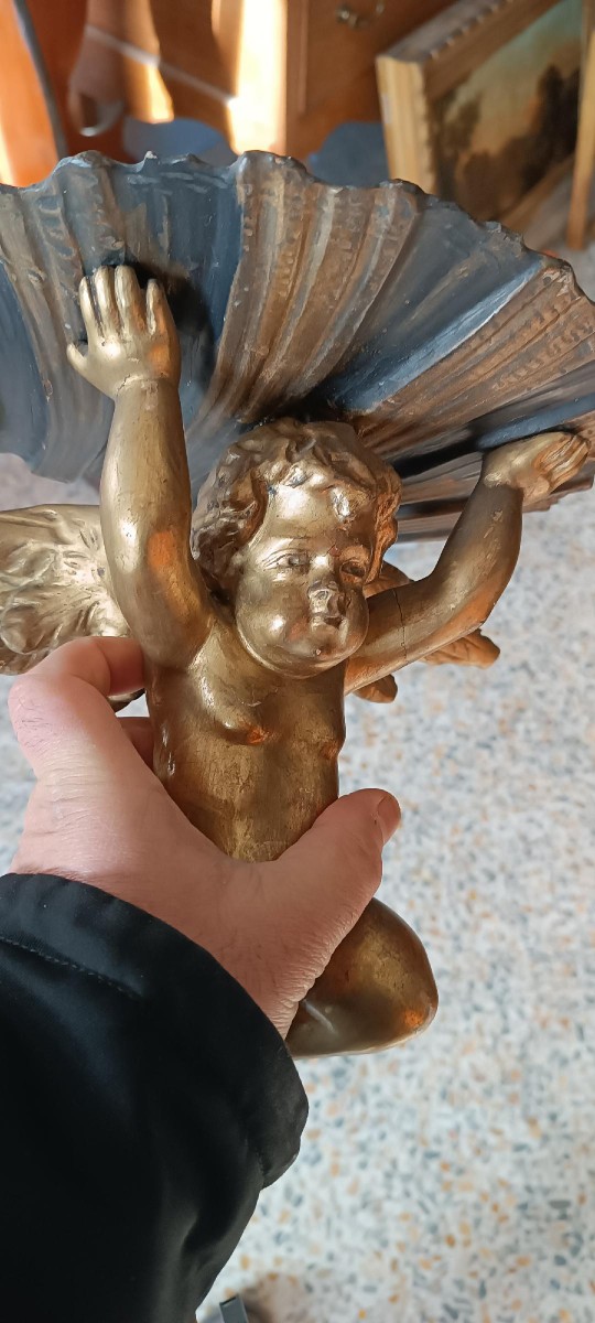 Antique Angel Shelf In Gilded Wood, Late 18th Century, Italian Manufacture-photo-3