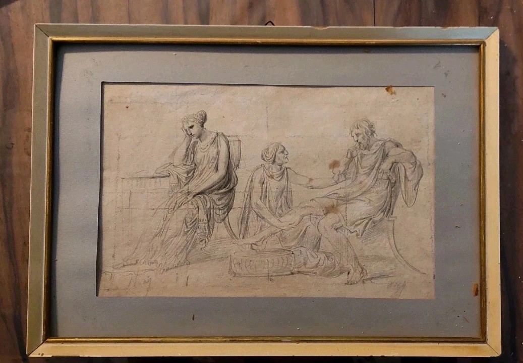 Ancien dessin au crayon sur papier, croquis signé XIXe siècle