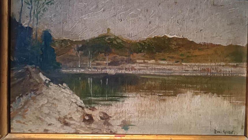 Antique Oil Painting On Panel From The Early 1900's - Lake Landscape - Signed Greco-photo-3