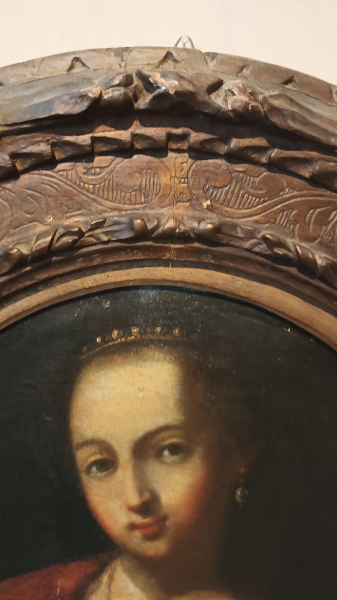 Peinture à l'huile ancienne sur toile, Salomé tenant la tête de Jean-Baptiste - XVIIIe siècle-photo-5