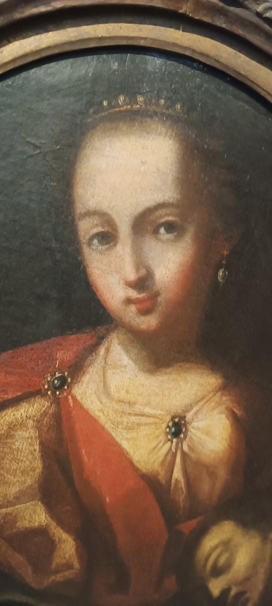 Peinture à l'huile ancienne sur toile, Salomé tenant la tête de Jean-Baptiste - XVIIIe siècle-photo-6