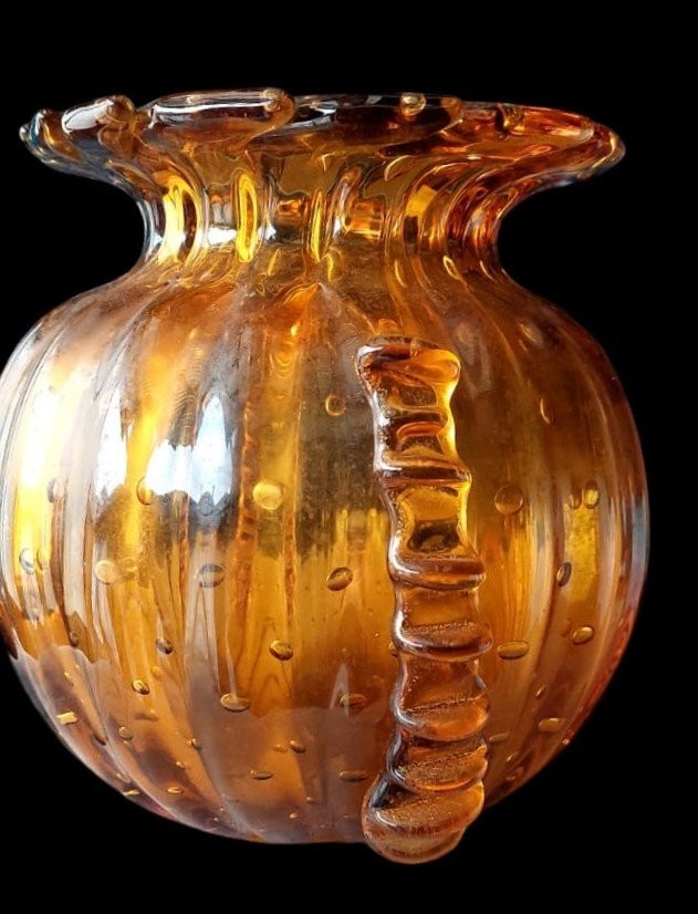 Rare Amber Murano Glass Collector Vase, Barovier Toso, 1950s Venice Italy.-photo-2