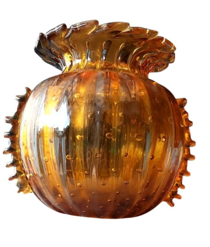 Rare Amber Murano Glass Collector Vase, Barovier Toso, 1950s Venice Italy.-photo-3
