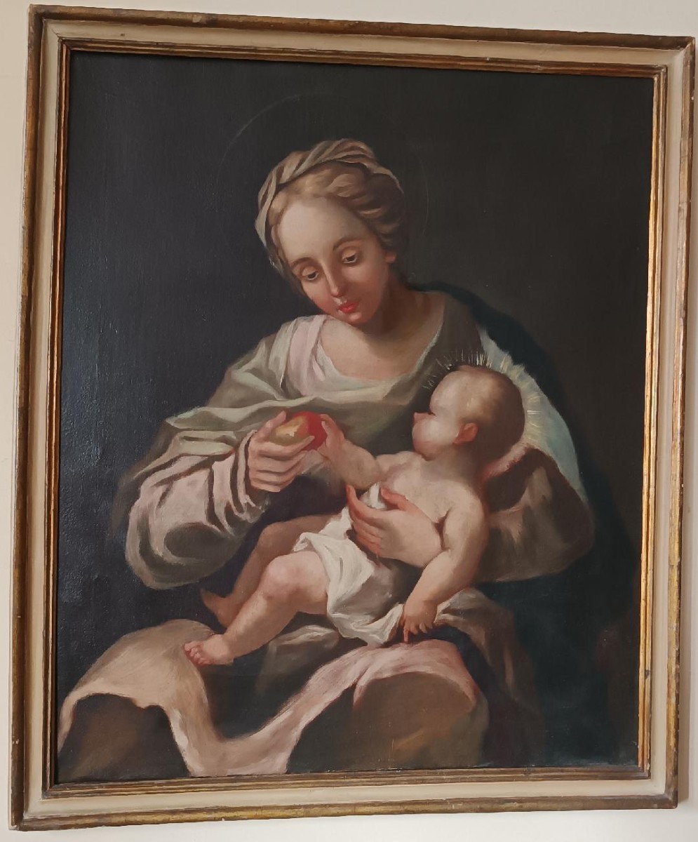 Antique Oil Painting On Canvas Madonna And Child 18th Century-photo-2
