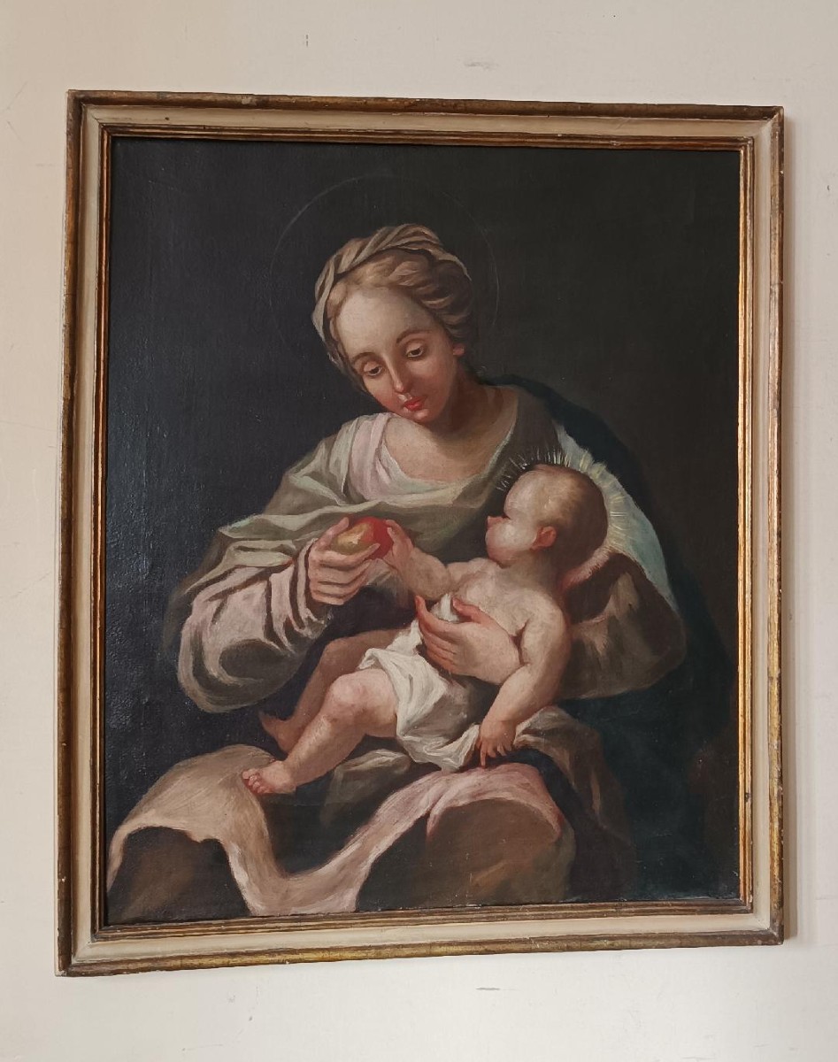 Antique Oil Painting On Canvas Madonna And Child 18th Century