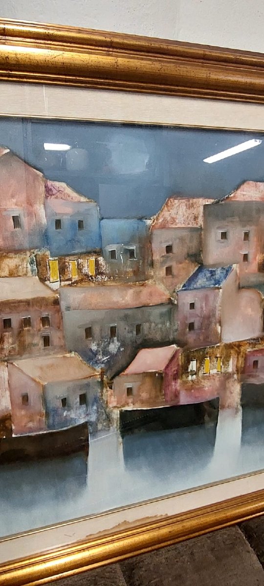 Bettarini Lido - Oil Painting On Canvas Landscape With Boats 100 X 70-photo-3