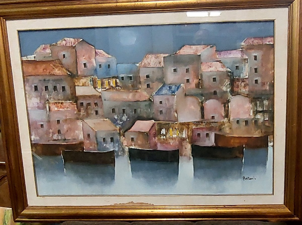 Bettarini Lido - Oil Painting On Canvas Landscape With Boats 100 X 70-photo-2