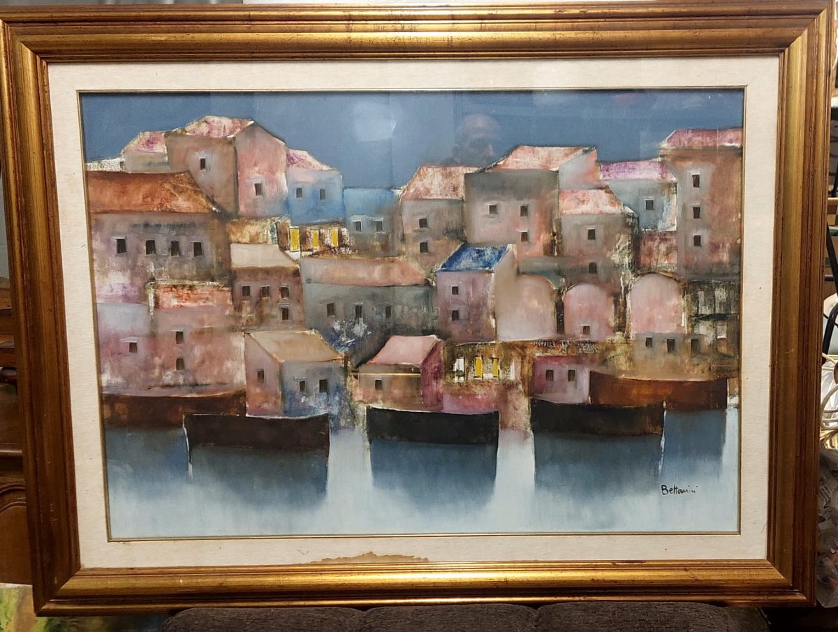 Bettarini Lido - Oil Painting On Canvas Landscape With Boats 100 X 70-photo-8