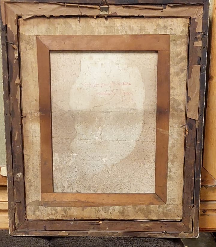 Portrait ancien au pastel sur toile d'une jeune noble, signé et daté 1899 au dos, cadre doré.-photo-1