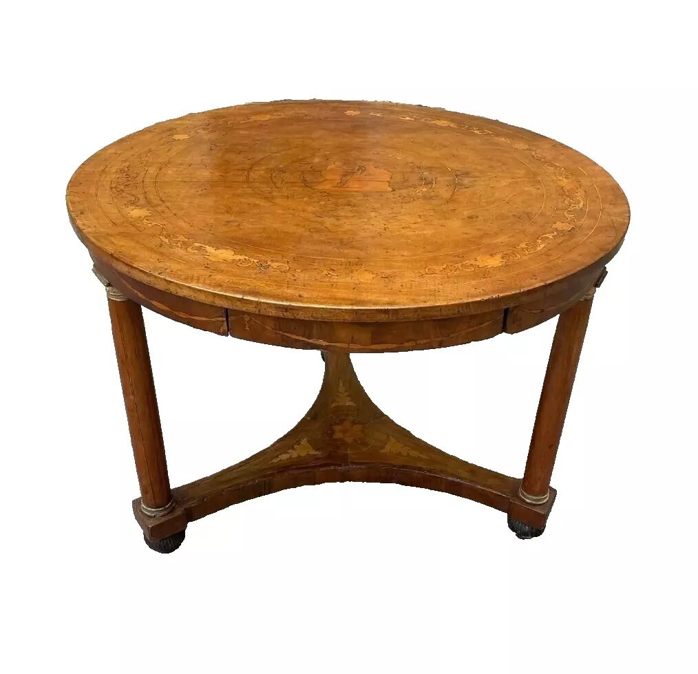 Table Empire Ronde Marquetée Ancienne Du Début Du 19ème Siècle-photo-2
