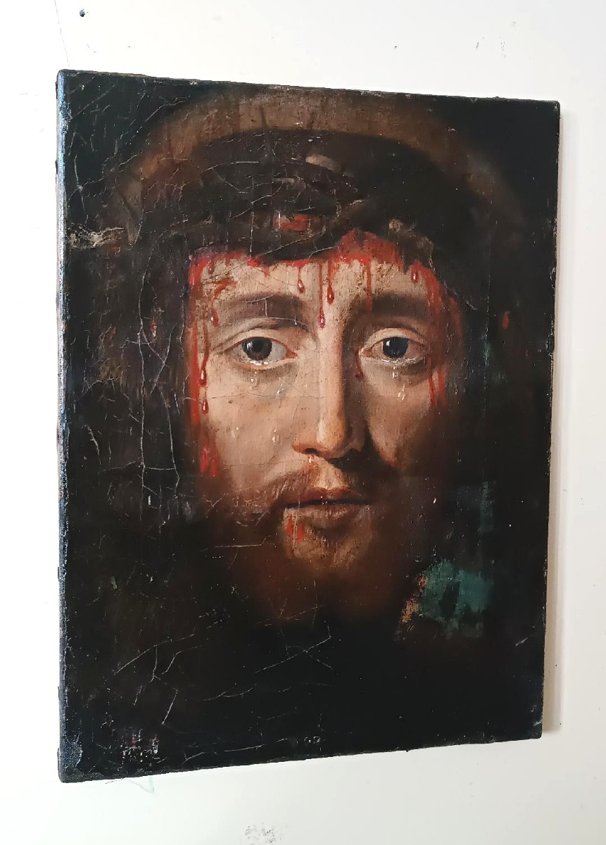 Huile sur toile ancienne « Le Saint Visage de Jésus-Christ » Ecce Homo-photo-2