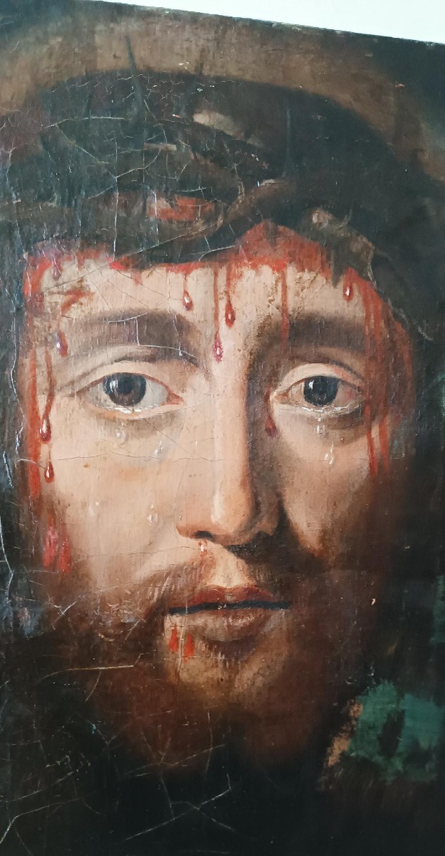 Huile sur toile ancienne « Le Saint Visage de Jésus-Christ » Ecce Homo-photo-5